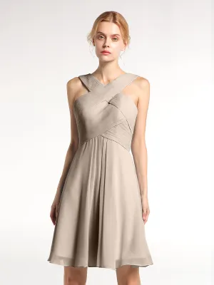 Cross Front Empire Waist Short Bridesmaid Dress Taupe
