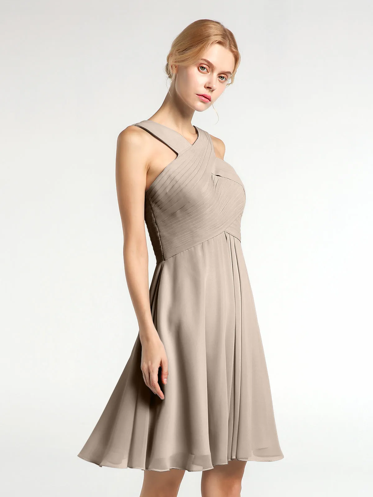 Cross Front Empire Waist Short Bridesmaid Dress Taupe