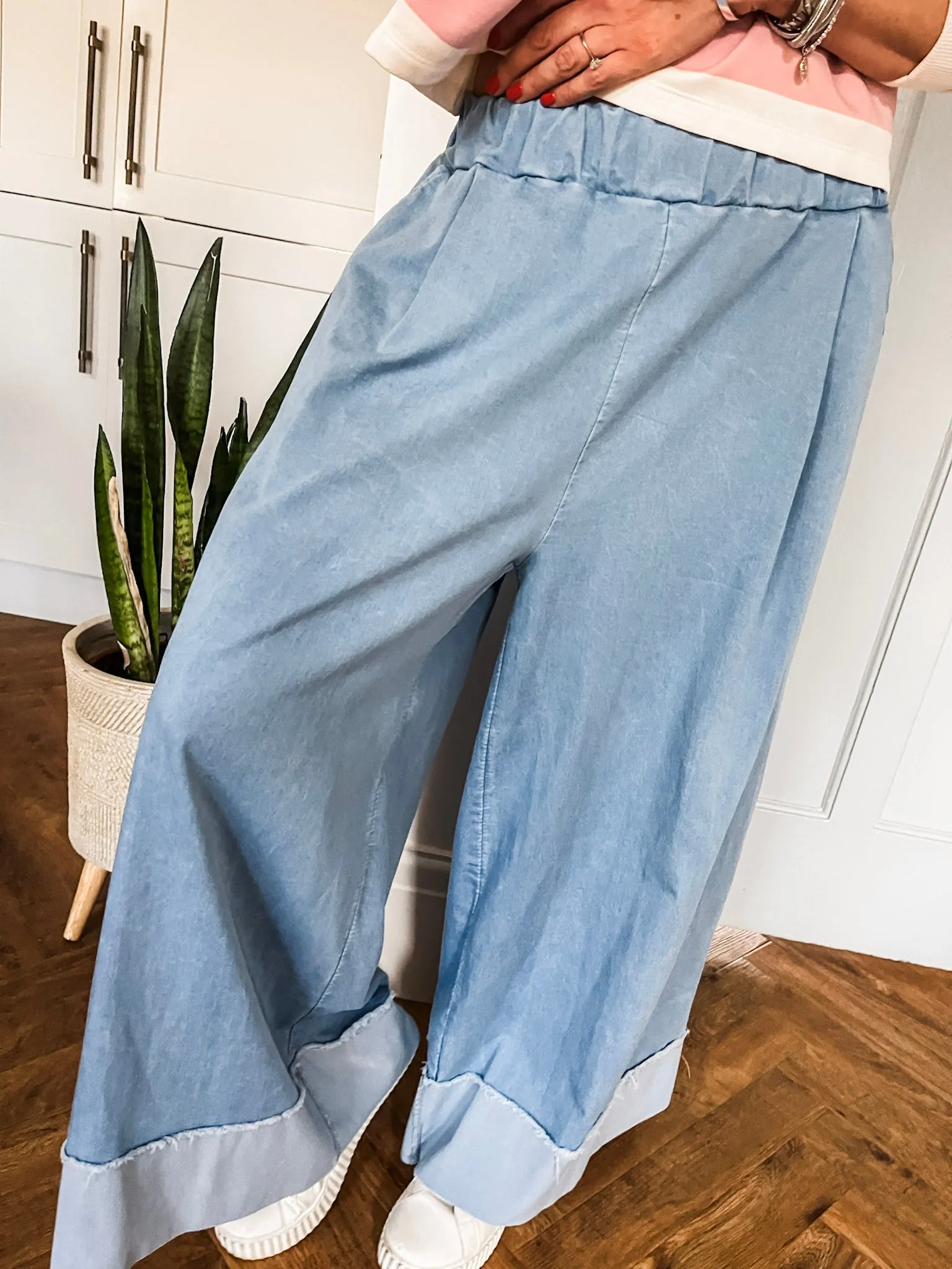 Denim Turn-up Wide Leg Trousers