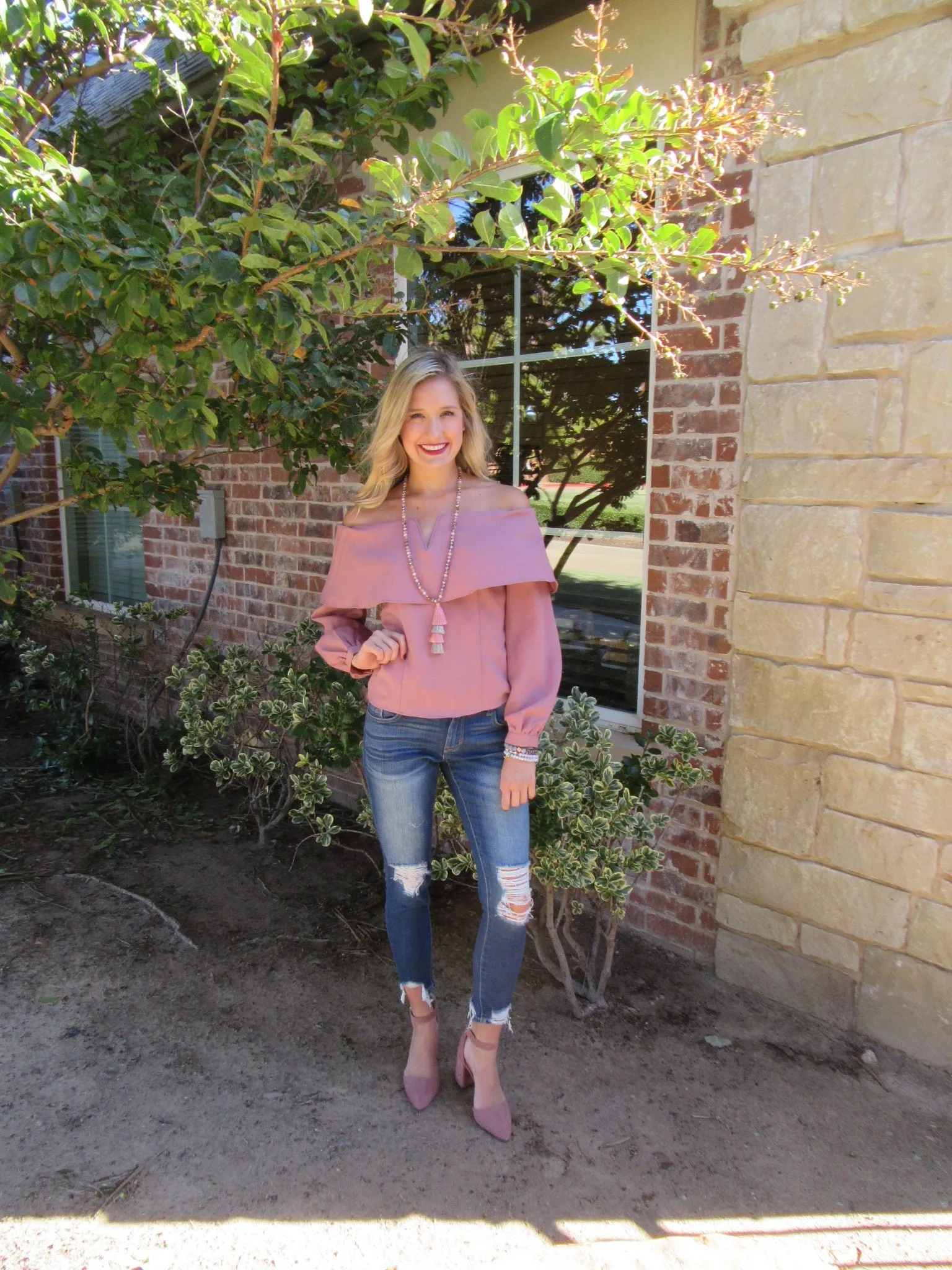 DUCHESS Layered OffShoulder V-Cutout LongSleeve Top
