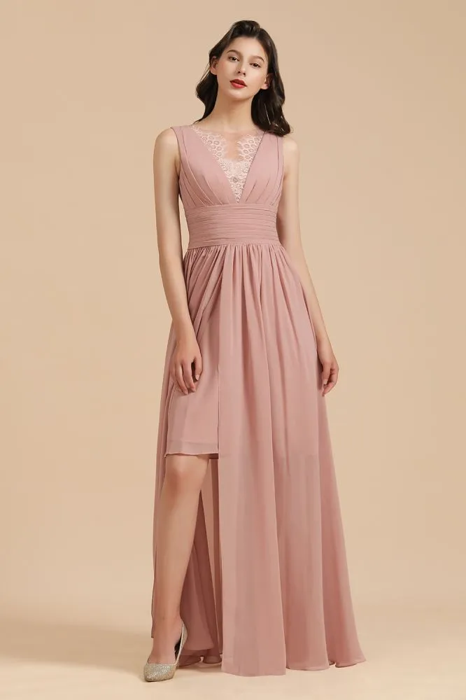 Elegant Dusty Pink Sleeveless Floral Lace Bridesmaid Dress Side Split Party Dress