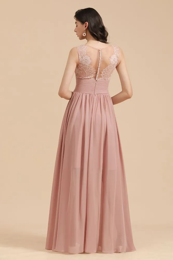 Elegant Dusty Pink Sleeveless Floral Lace Bridesmaid Dress Side Split Party Dress