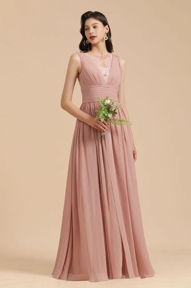 Elegant Dusty Pink Sleeveless Floral Lace Bridesmaid Dress Side Split Party Dress