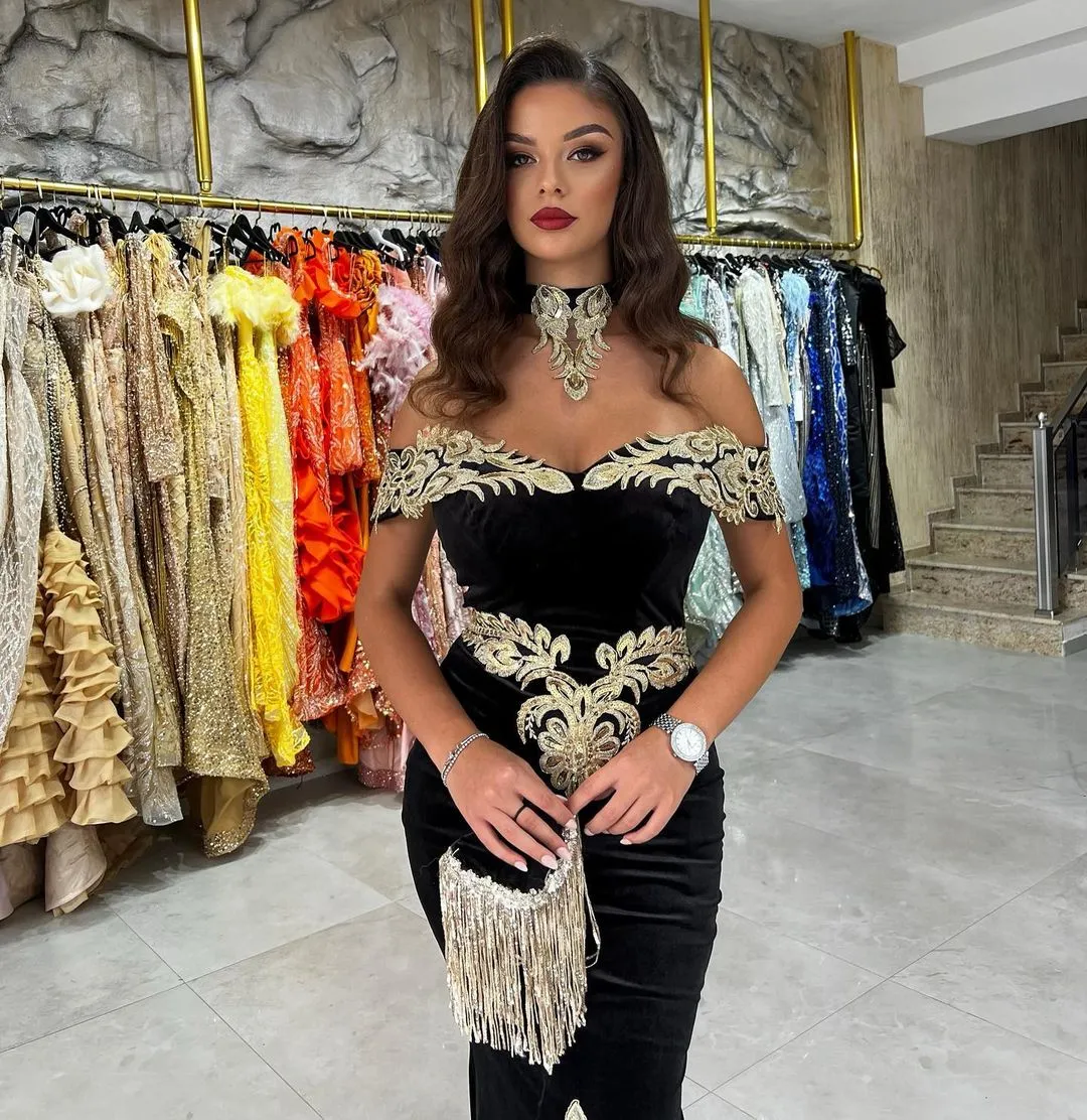 Fabulous Floor Length Off-The-Shoulder Mermaid Black Prom Dress with Appliques