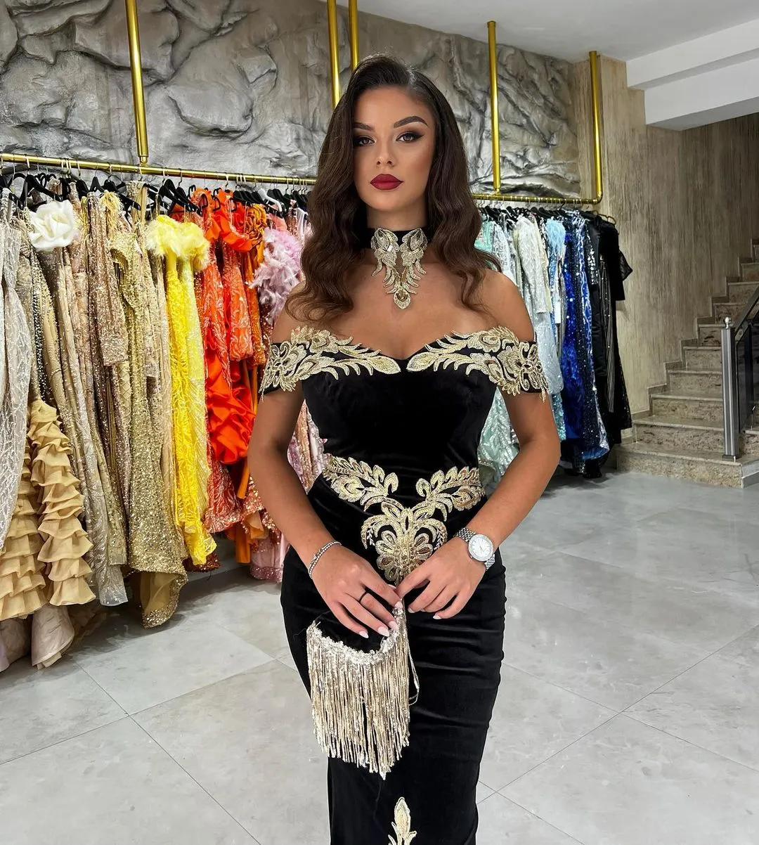 Fabulous Floor Length Off-The-Shoulder Mermaid Black Prom Dress with Appliques