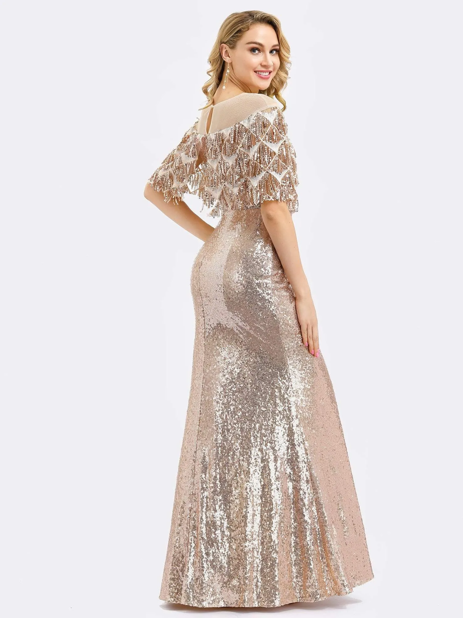 Gorgeous Shawl Sequin Fishtail Evening Dress