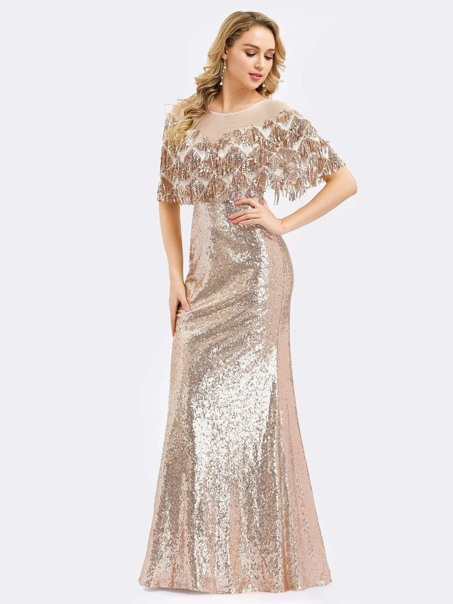 Gorgeous Shawl Sequin Fishtail Evening Dress