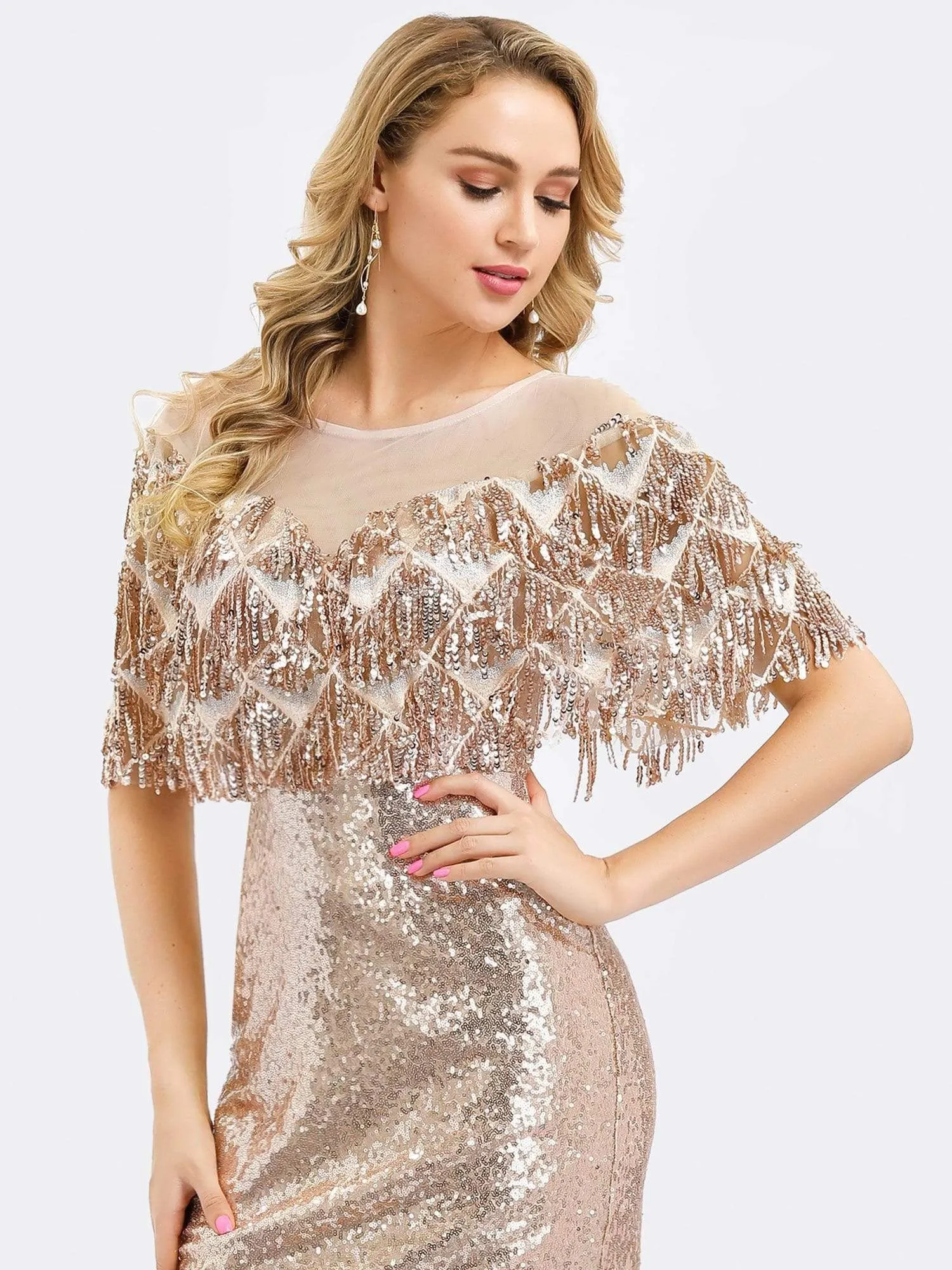 Gorgeous Shawl Sequin Fishtail Evening Dress