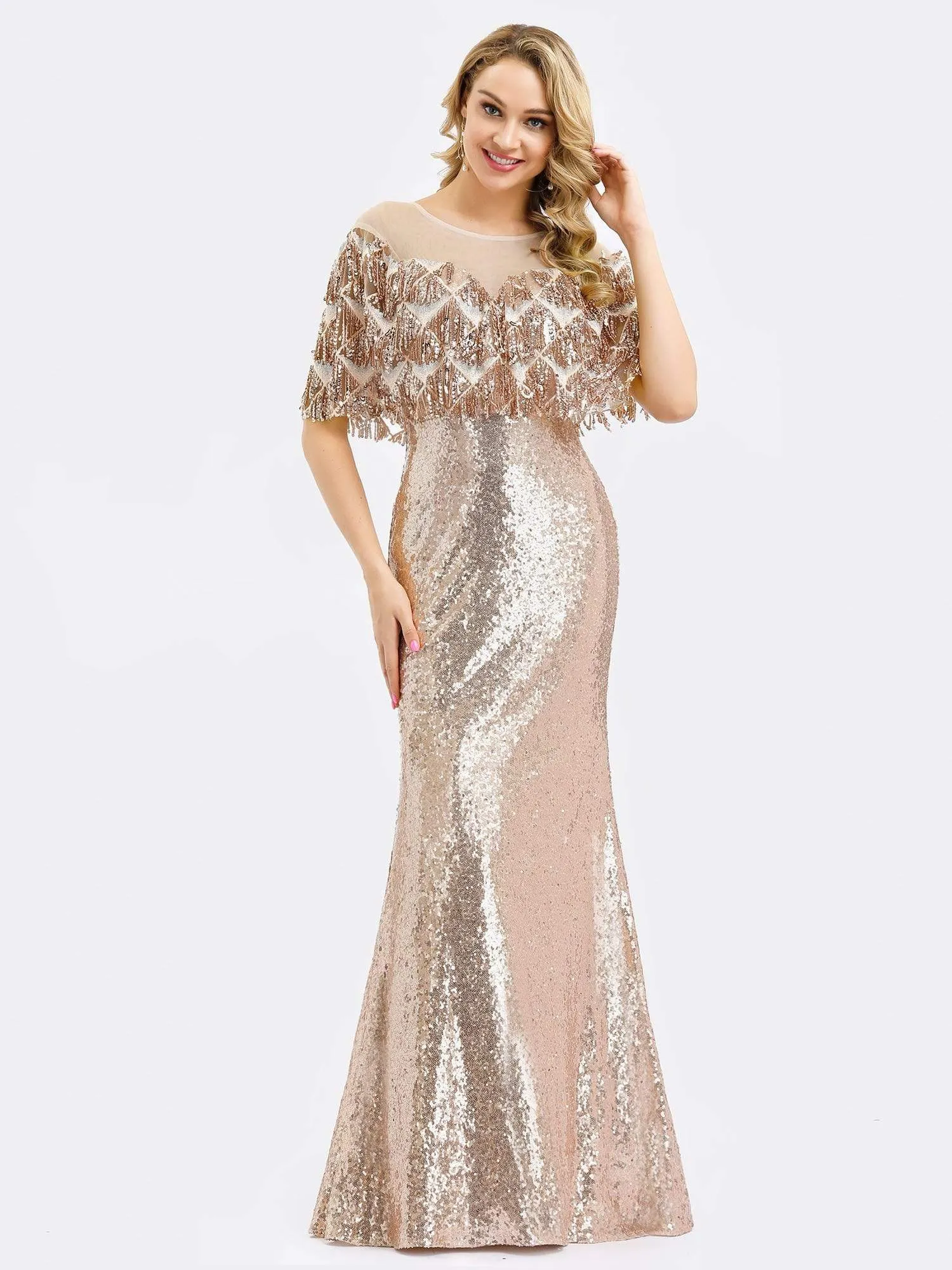 Gorgeous Shawl Sequin Fishtail Evening Dress