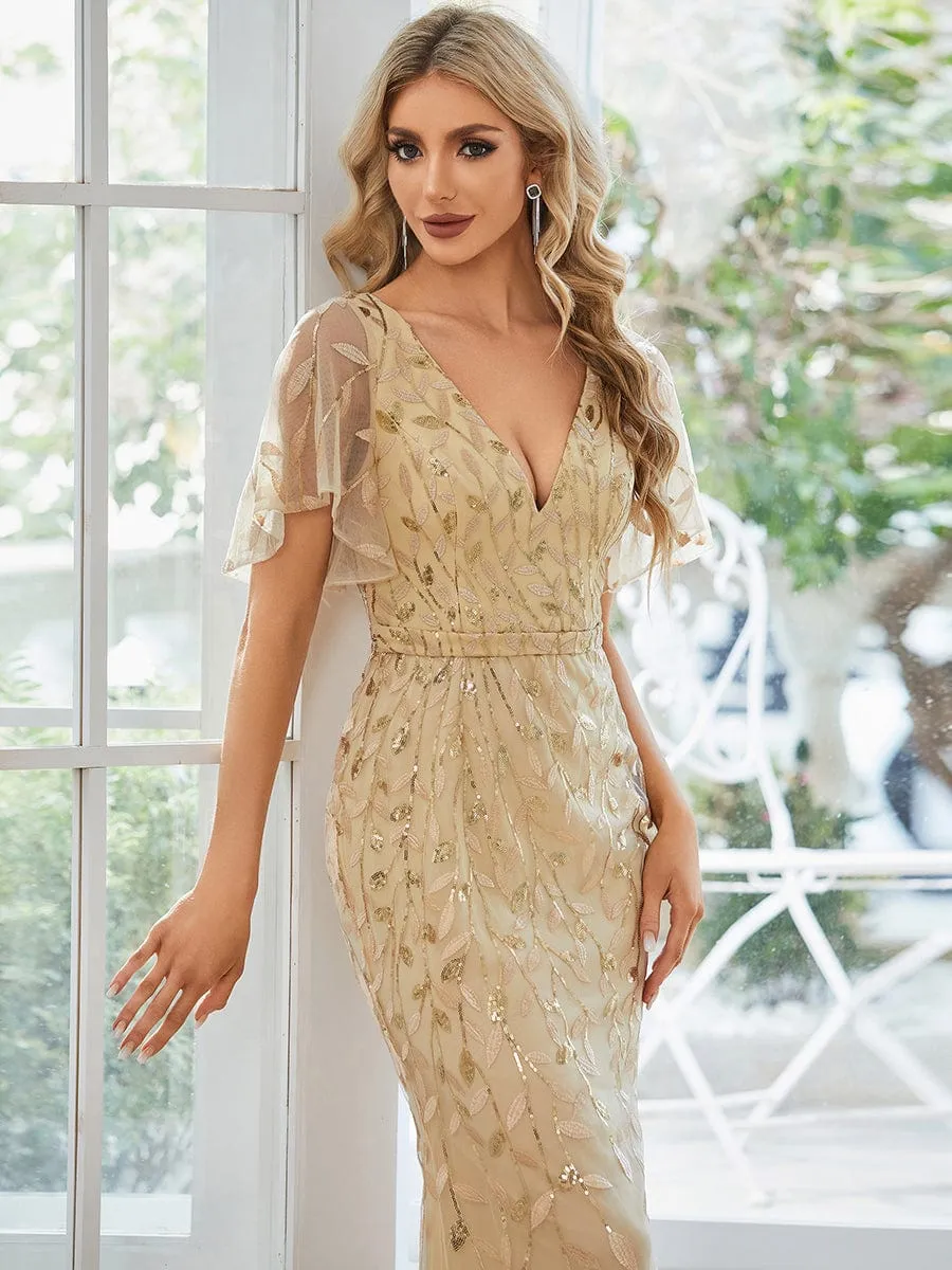 Gorgeous V Neck Leaf-Sequined Fishtail Mother of the Bride Dress