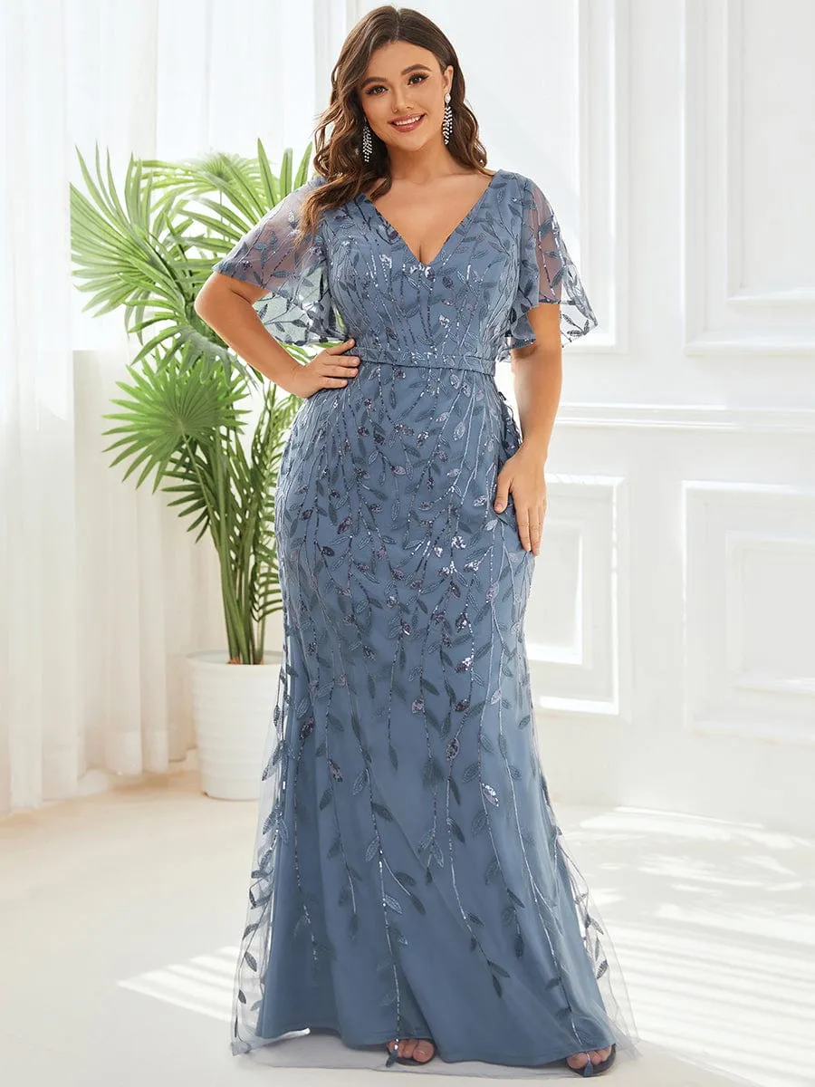 Gorgeous V Neck Leaf-Sequined Fishtail Mother of the Bride Dress