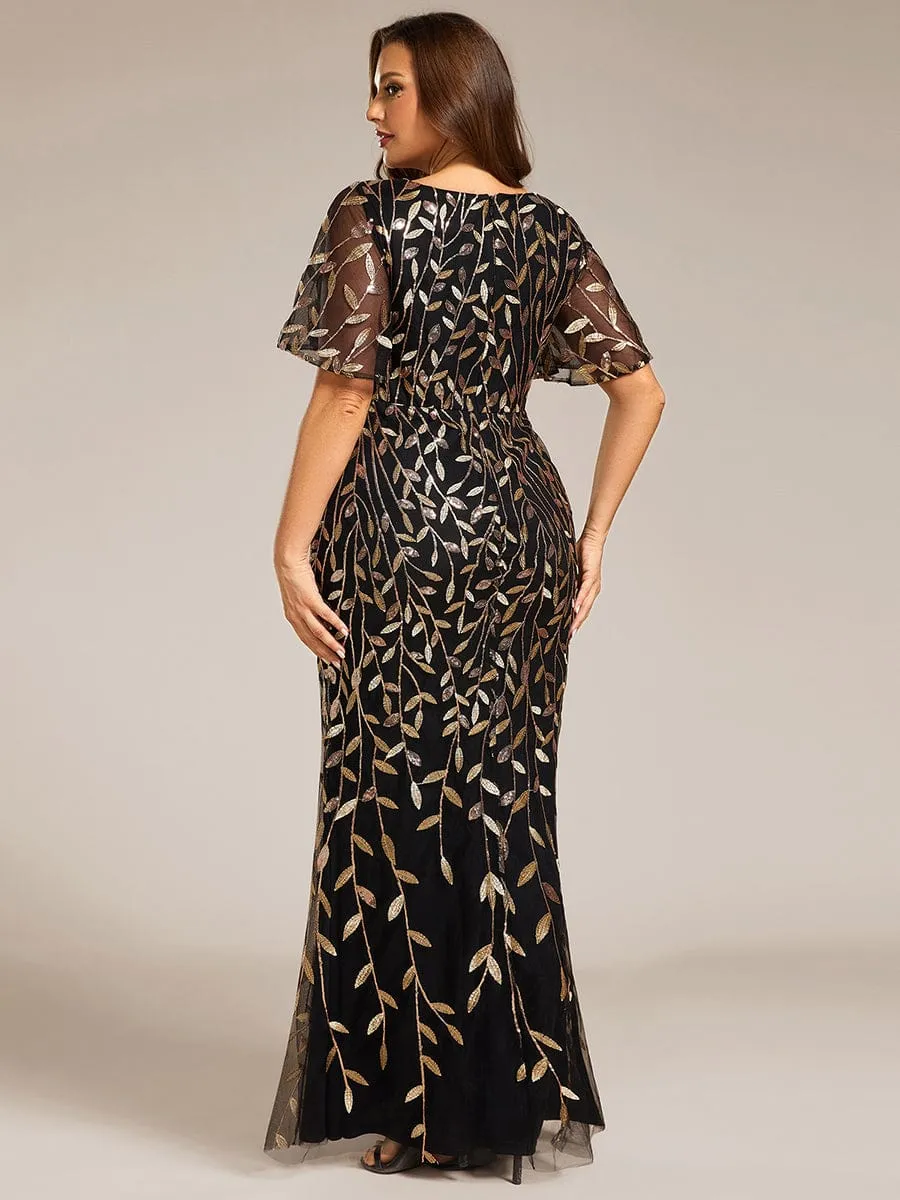Gorgeous V Neck Leaf-Sequined Fishtail Mother of the Bride Dress