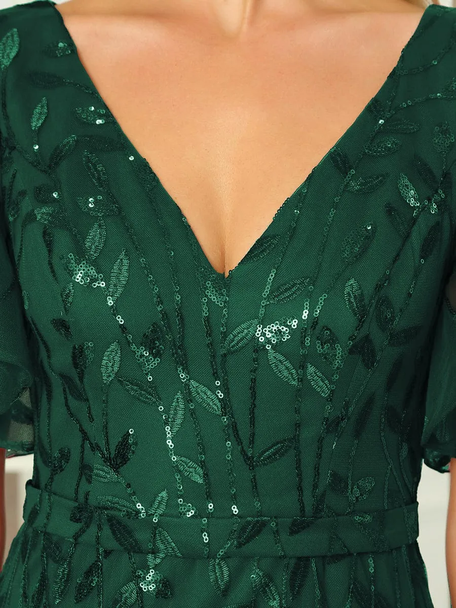 Gorgeous V Neck Leaf-Sequined Fishtail Mother of the Bride Dress