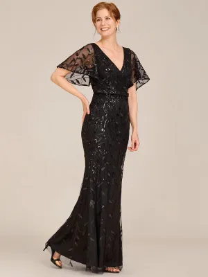 Gorgeous V Neck Leaf-Sequined Fishtail Mother of the Bride Dress