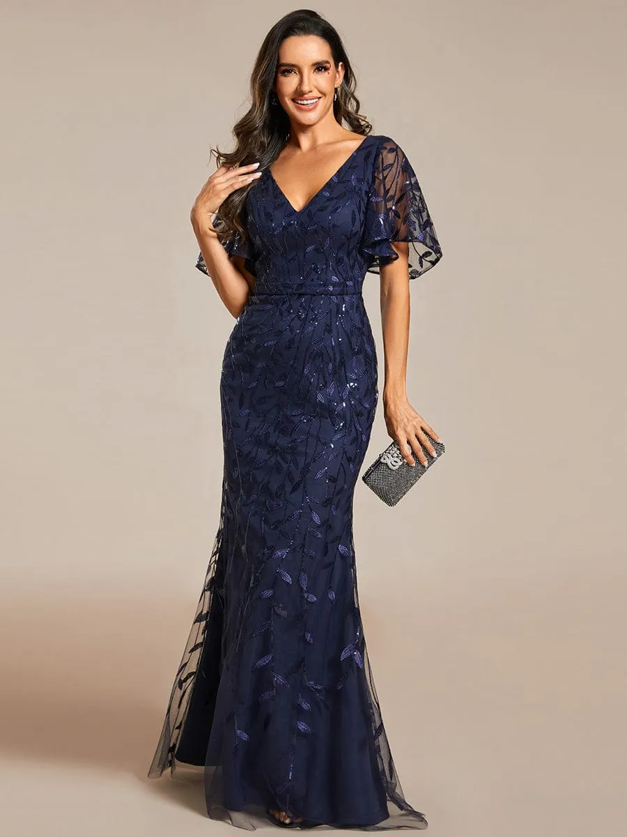 Gorgeous V Neck Leaf-Sequined Fishtail Mother of the Bride Dress
