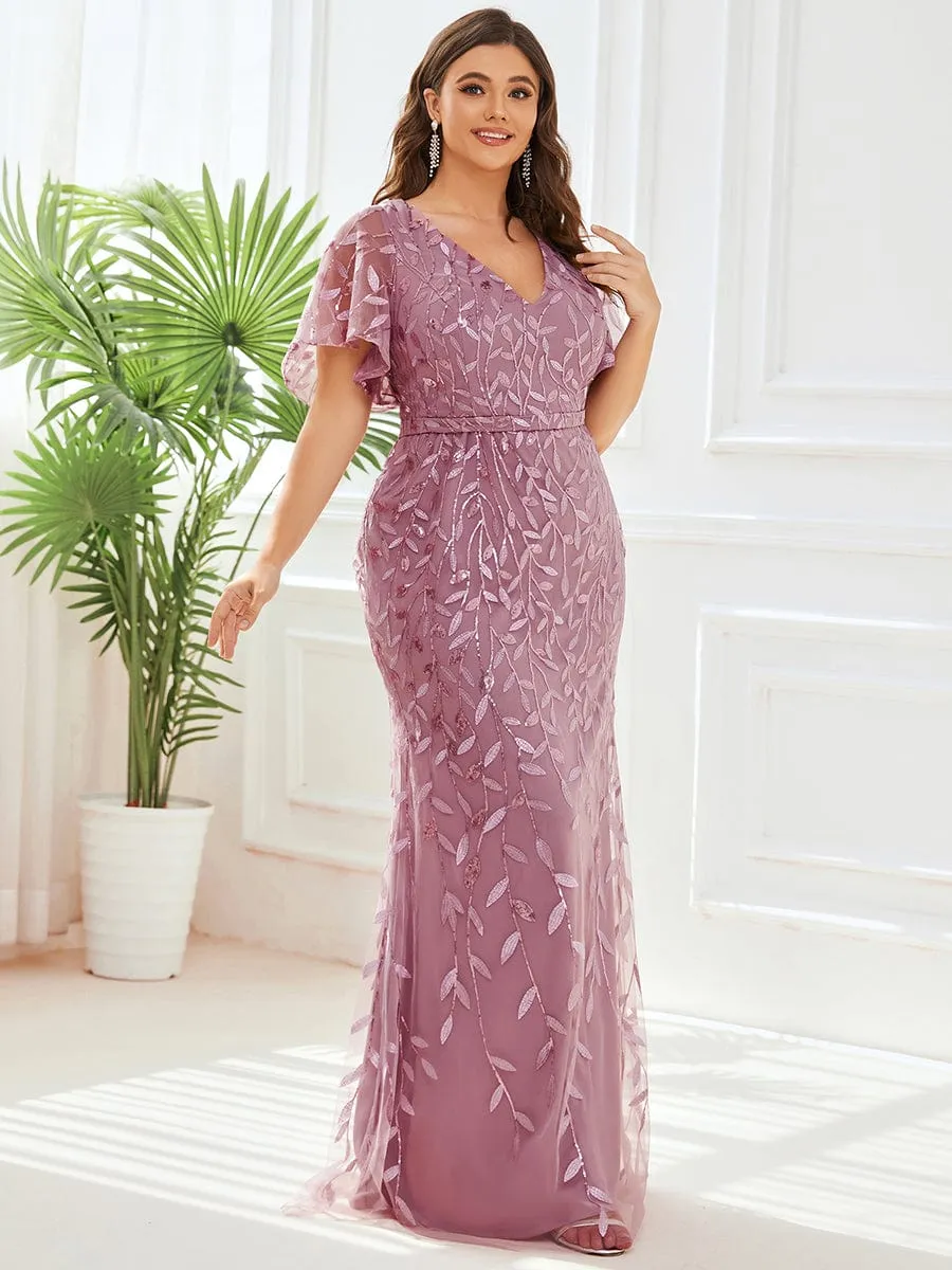 Gorgeous V Neck Leaf-Sequined Fishtail Mother of the Bride Dress