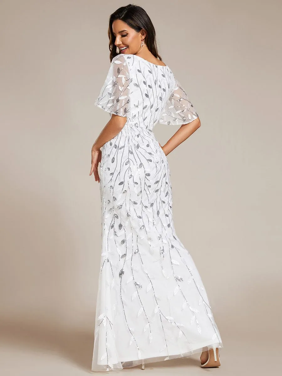 Gorgeous V Neck Leaf-Sequined Fishtail Mother of the Bride Dress