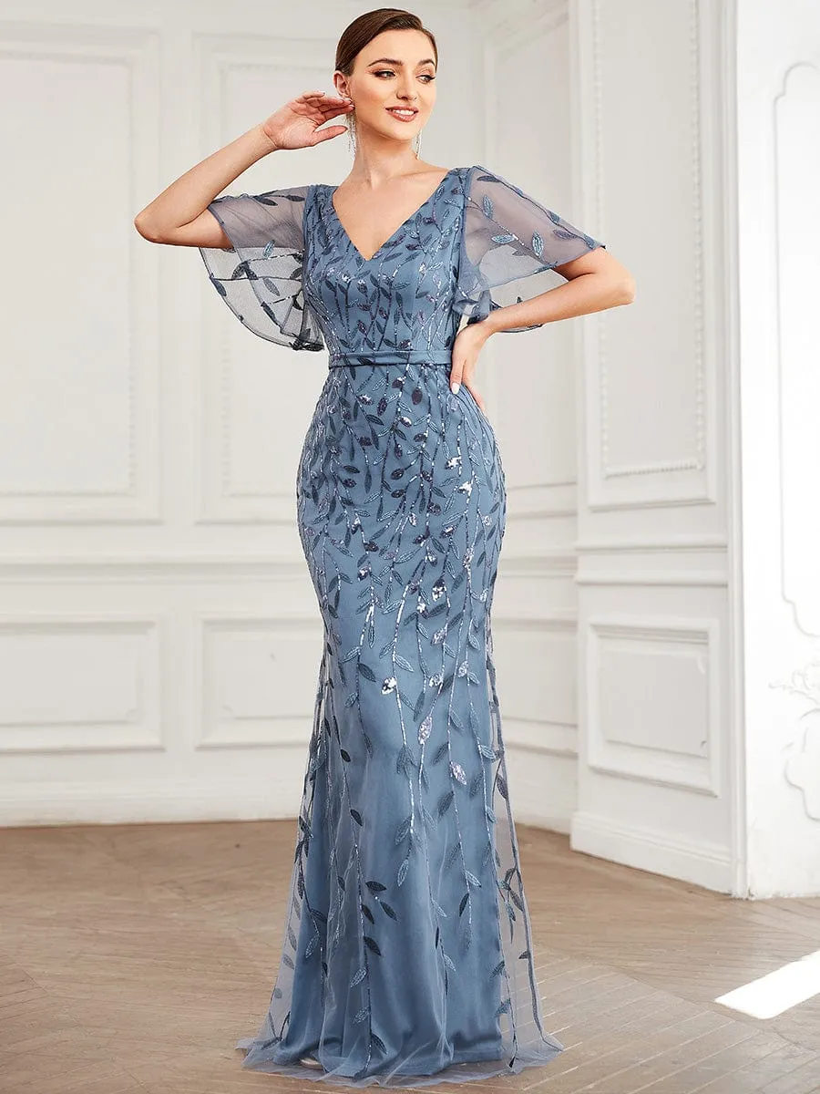 Gorgeous V Neck Leaf-Sequined Fishtail Mother of the Bride Dress