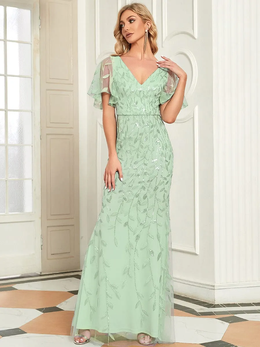 Gorgeous V Neck Leaf-Sequined Fishtail Mother of the Bride Dress