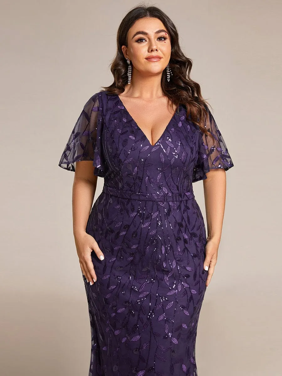 Gorgeous V Neck Leaf-Sequined Fishtail Mother of the Bride Dress
