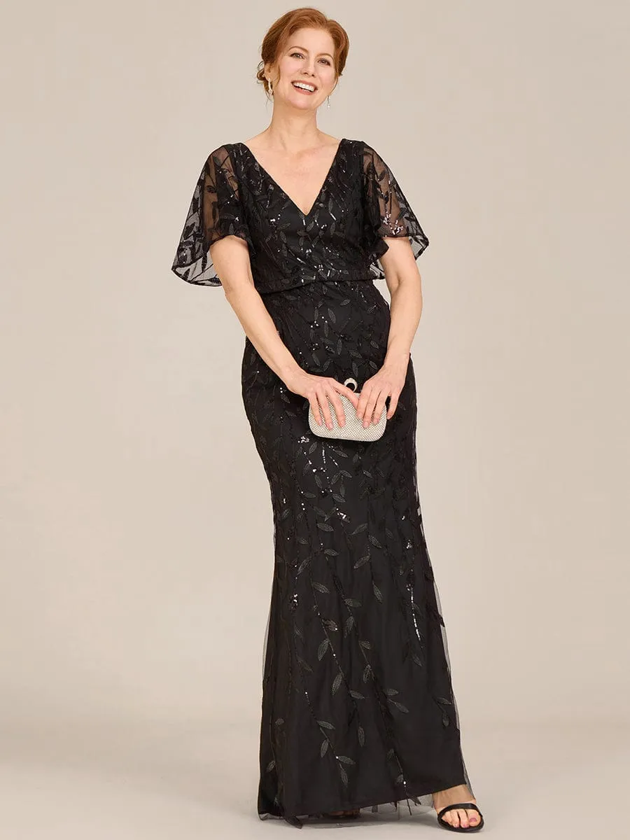 Gorgeous V Neck Leaf-Sequined Fishtail Mother of the Bride Dress