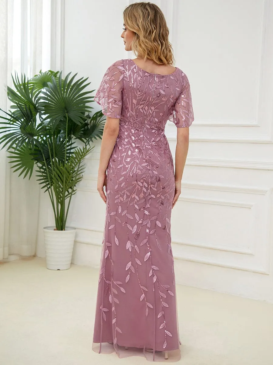 Gorgeous V Neck Leaf-Sequined Fishtail Mother of the Bride Dress