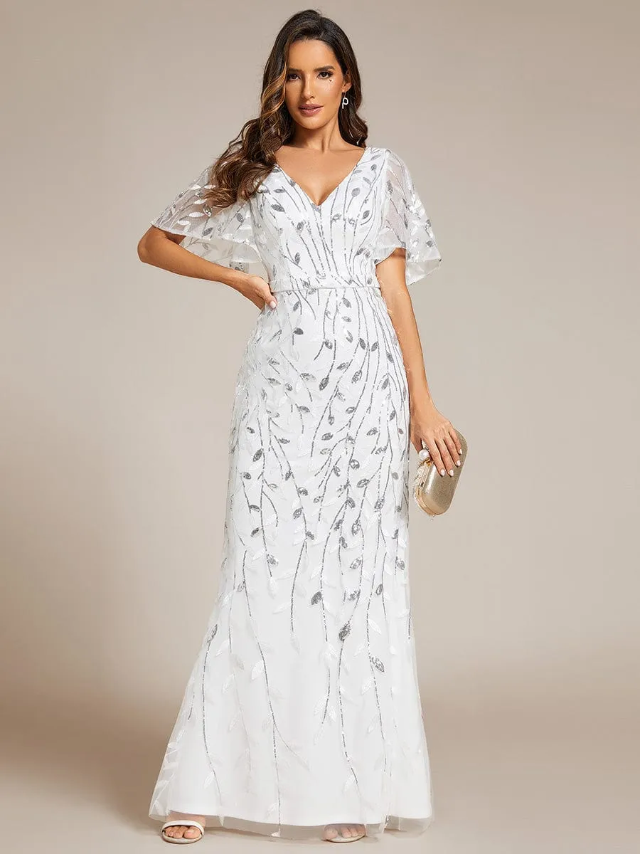 Gorgeous V Neck Leaf-Sequined Fishtail Mother of the Bride Dress