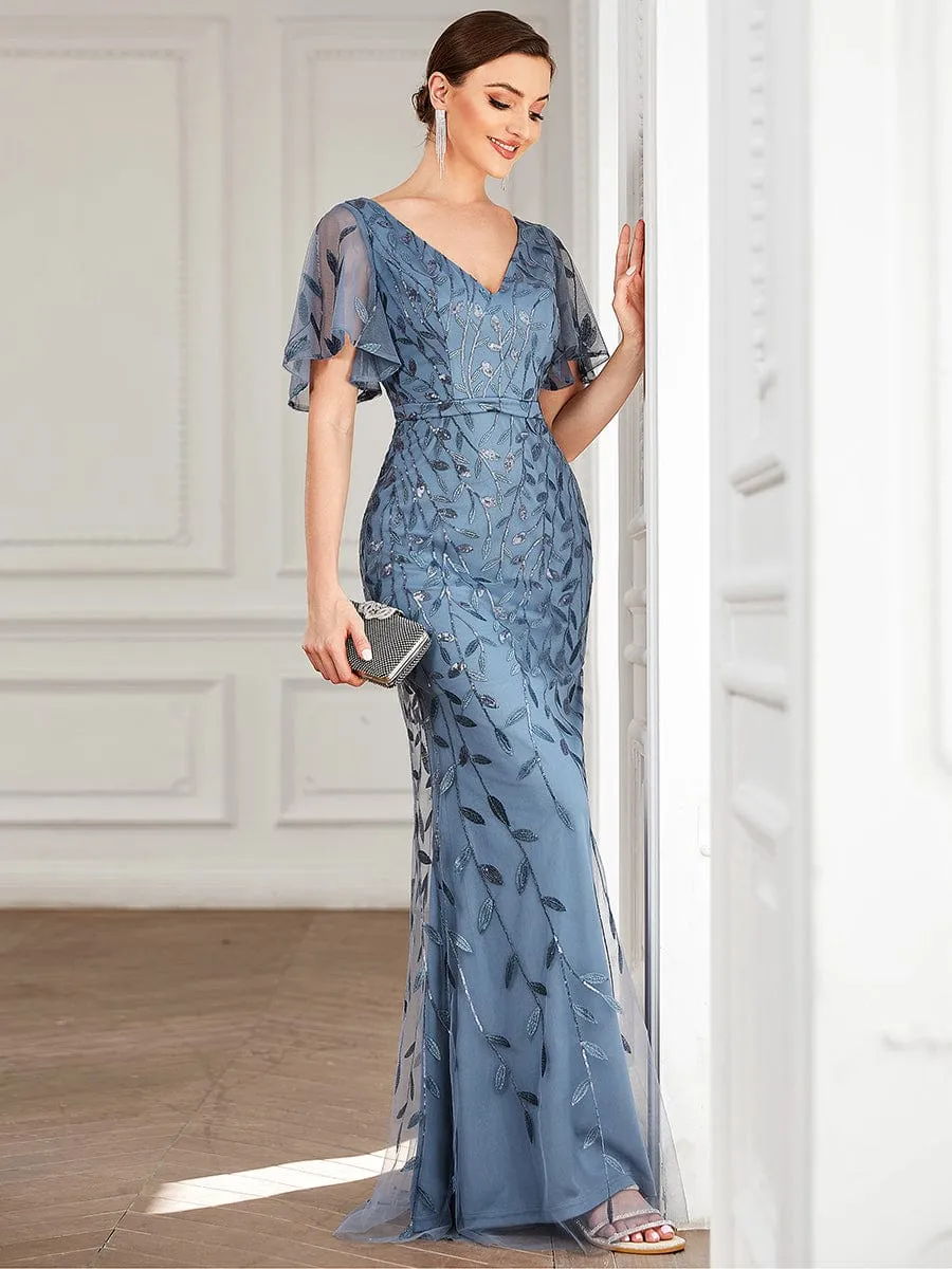 Gorgeous V Neck Leaf-Sequined Fishtail Mother of the Bride Dress