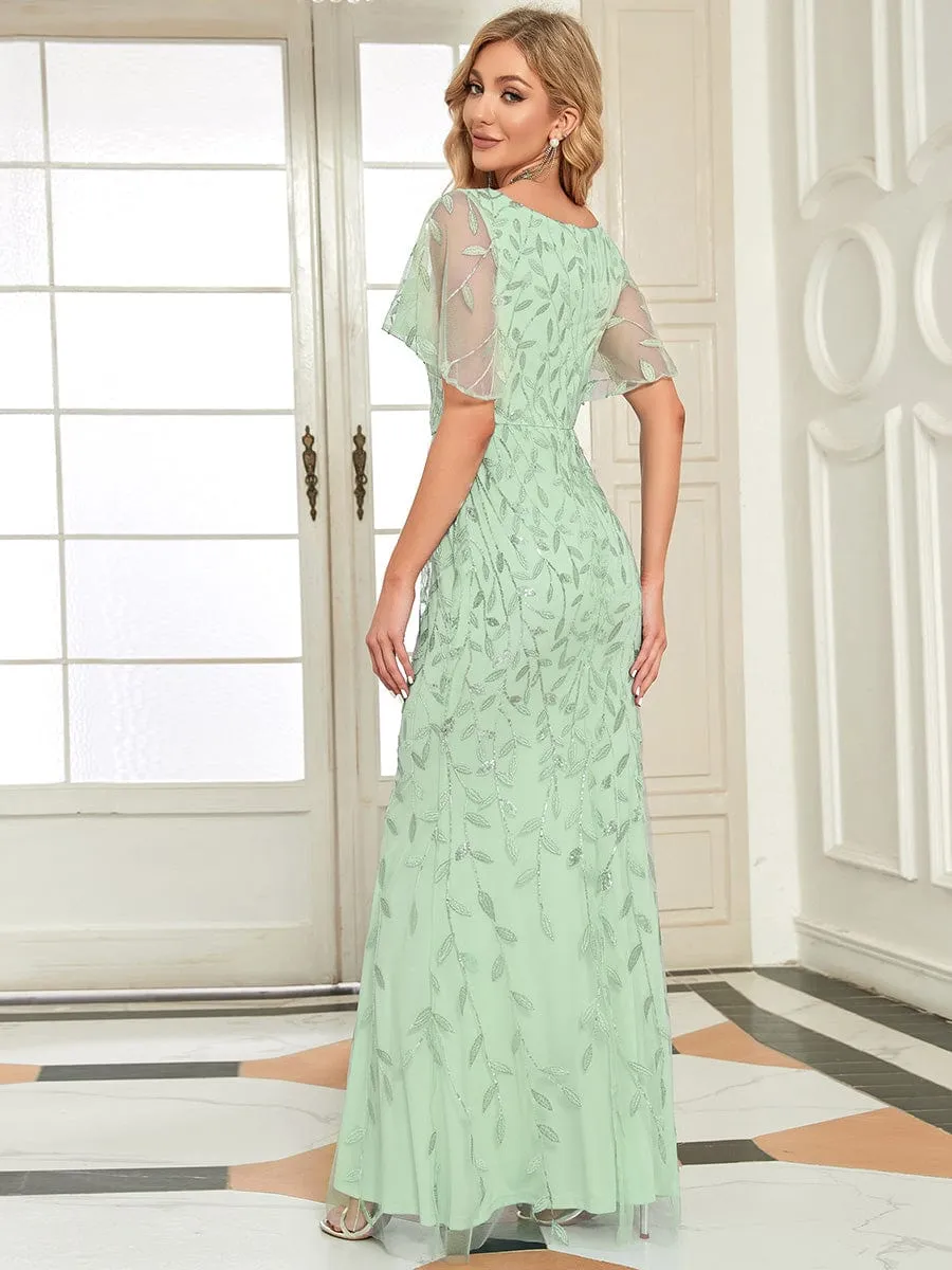Gorgeous V Neck Leaf-Sequined Fishtail Mother of the Bride Dress
