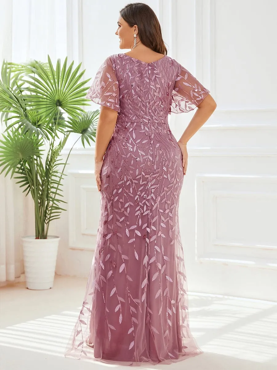 Gorgeous V Neck Leaf-Sequined Fishtail Mother of the Bride Dress