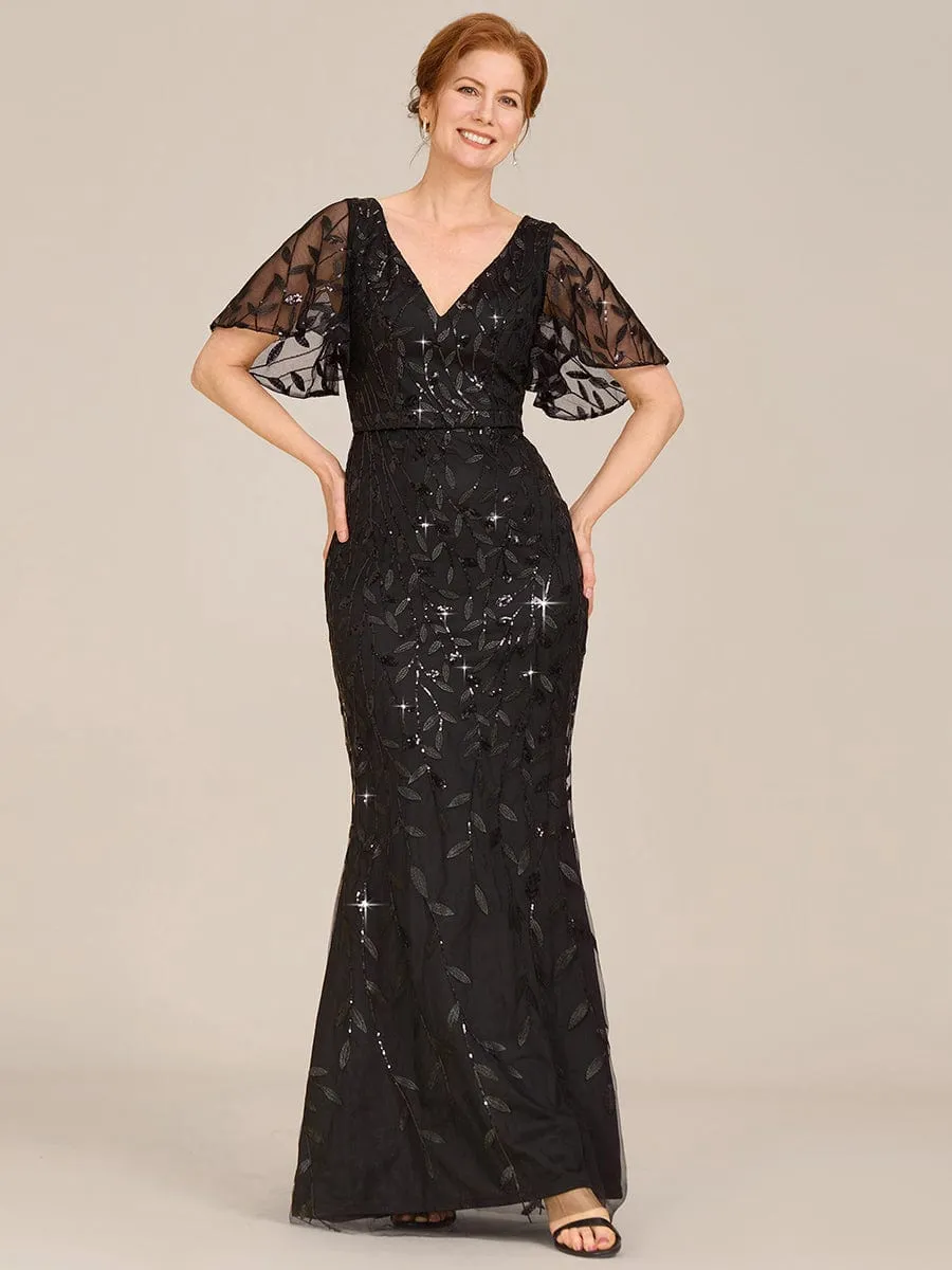 Gorgeous V Neck Leaf-Sequined Fishtail Mother of the Bride Dress