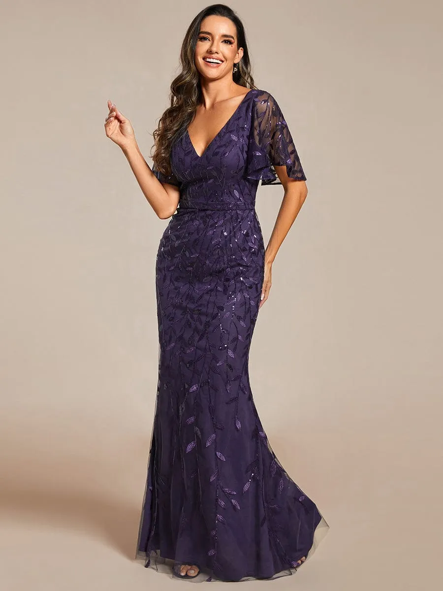 Gorgeous V Neck Leaf-Sequined Fishtail Mother of the Bride Dress