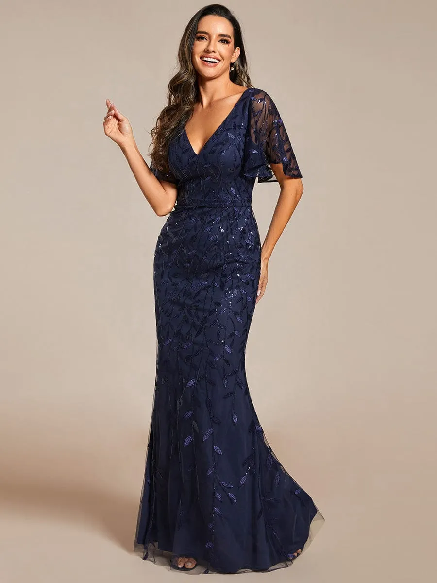 Gorgeous V Neck Leaf-Sequined Fishtail Mother of the Bride Dress