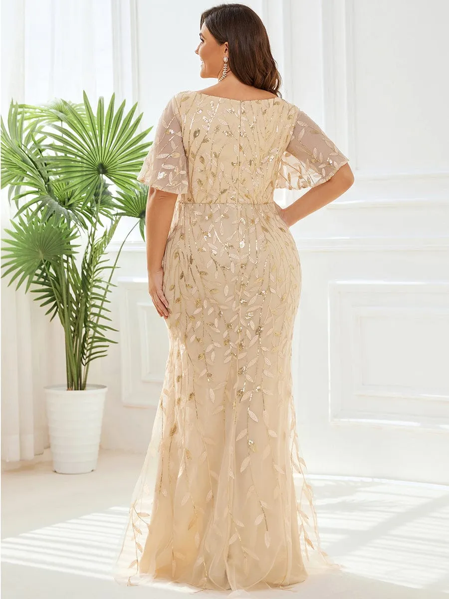 Gorgeous V Neck Leaf-Sequined Fishtail Mother of the Bride Dress
