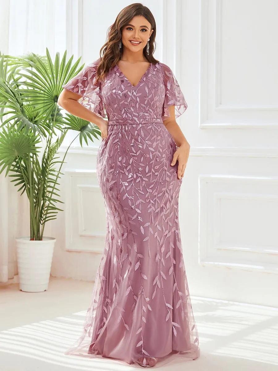 Gorgeous V Neck Leaf-Sequined Fishtail Mother of the Bride Dress