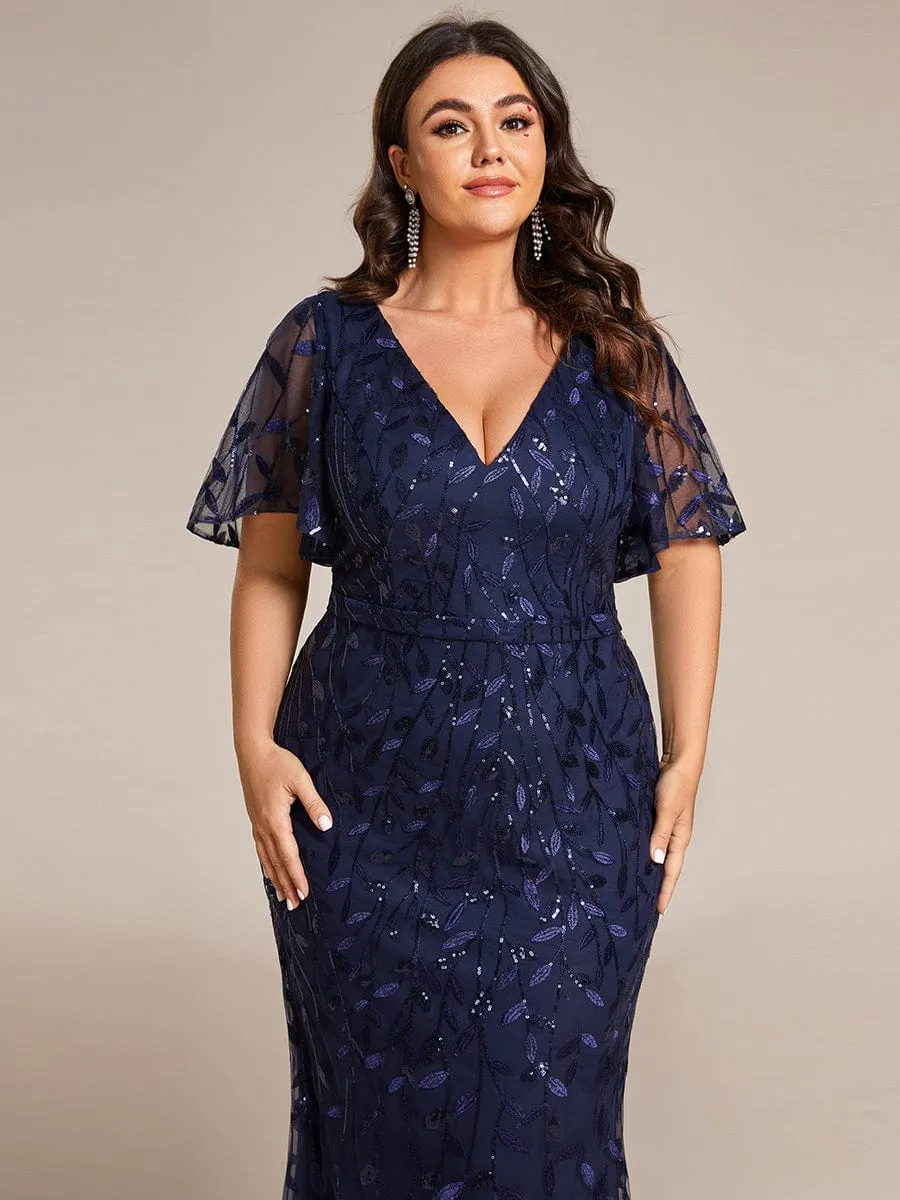 Gorgeous V Neck Leaf-Sequined Fishtail Mother of the Bride Dress