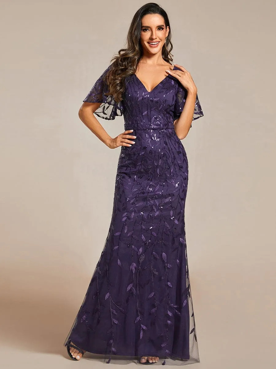 Gorgeous V Neck Leaf-Sequined Fishtail Mother of the Bride Dress