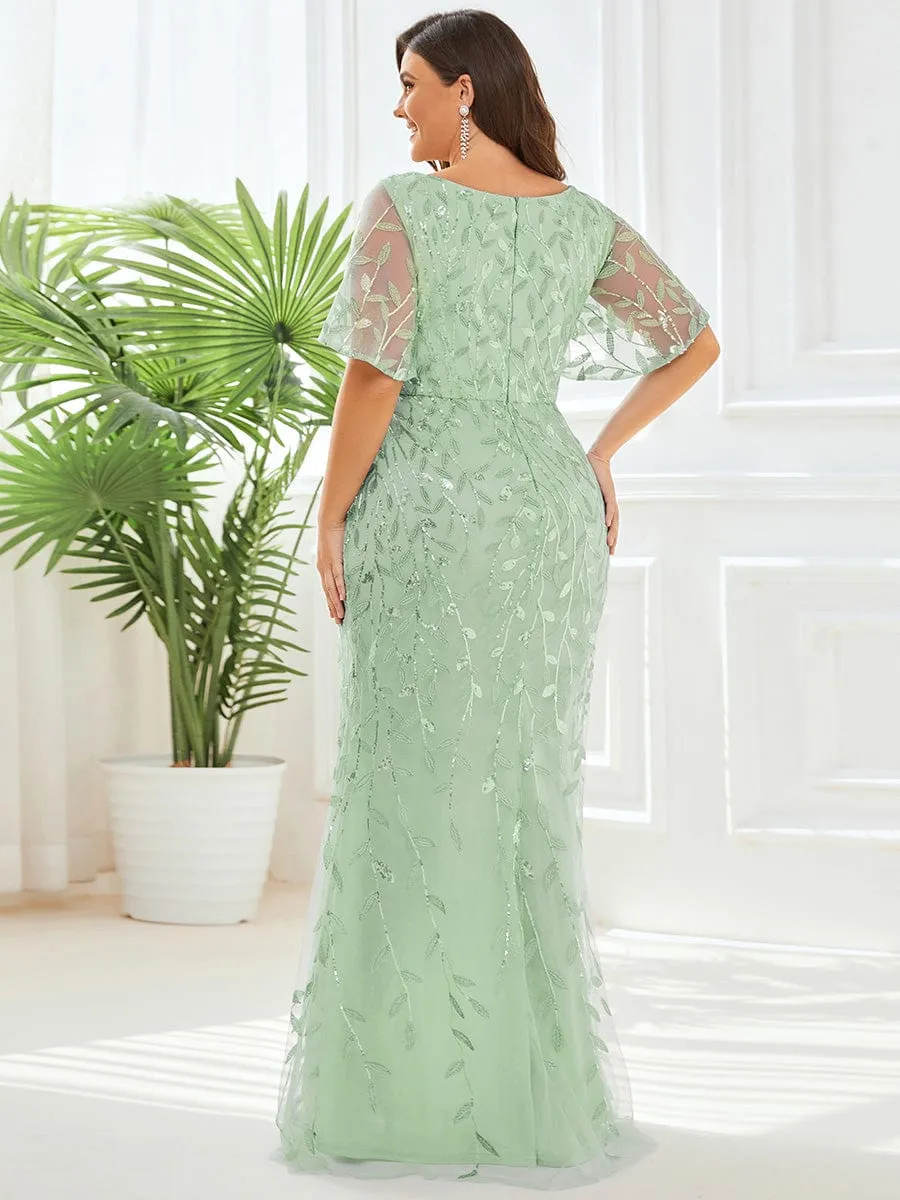 Gorgeous V Neck Leaf-Sequined Fishtail Mother of the Bride Dress