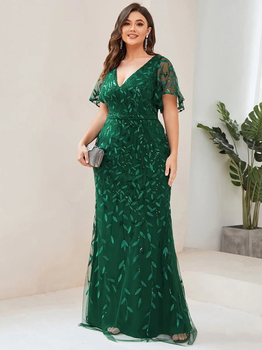 Gorgeous V Neck Leaf-Sequined Fishtail Mother of the Bride Dress