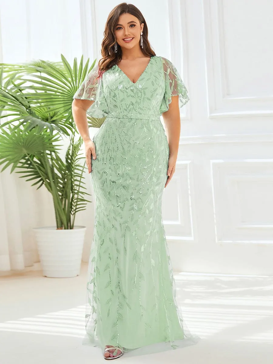 Gorgeous V Neck Leaf-Sequined Fishtail Mother of the Bride Dress