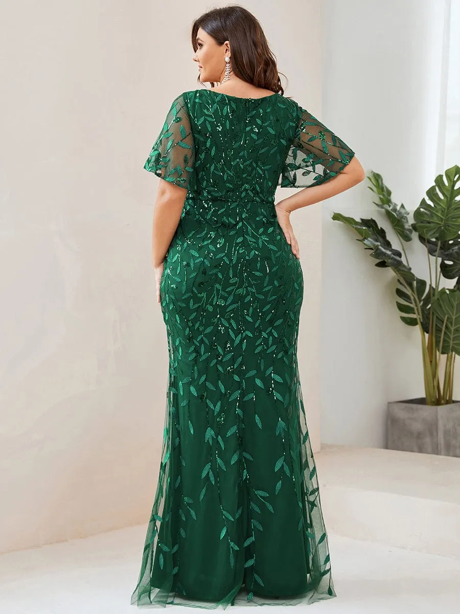 Gorgeous V Neck Leaf-Sequined Fishtail Mother of the Bride Dress