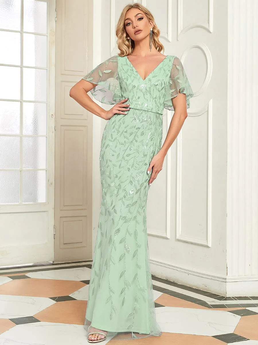 Gorgeous V Neck Leaf-Sequined Fishtail Mother of the Bride Dress