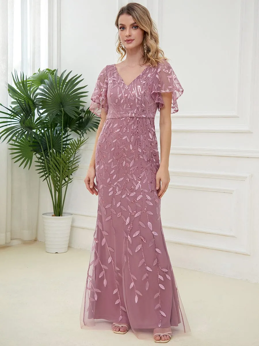 Gorgeous V Neck Leaf-Sequined Fishtail Mother of the Bride Dress