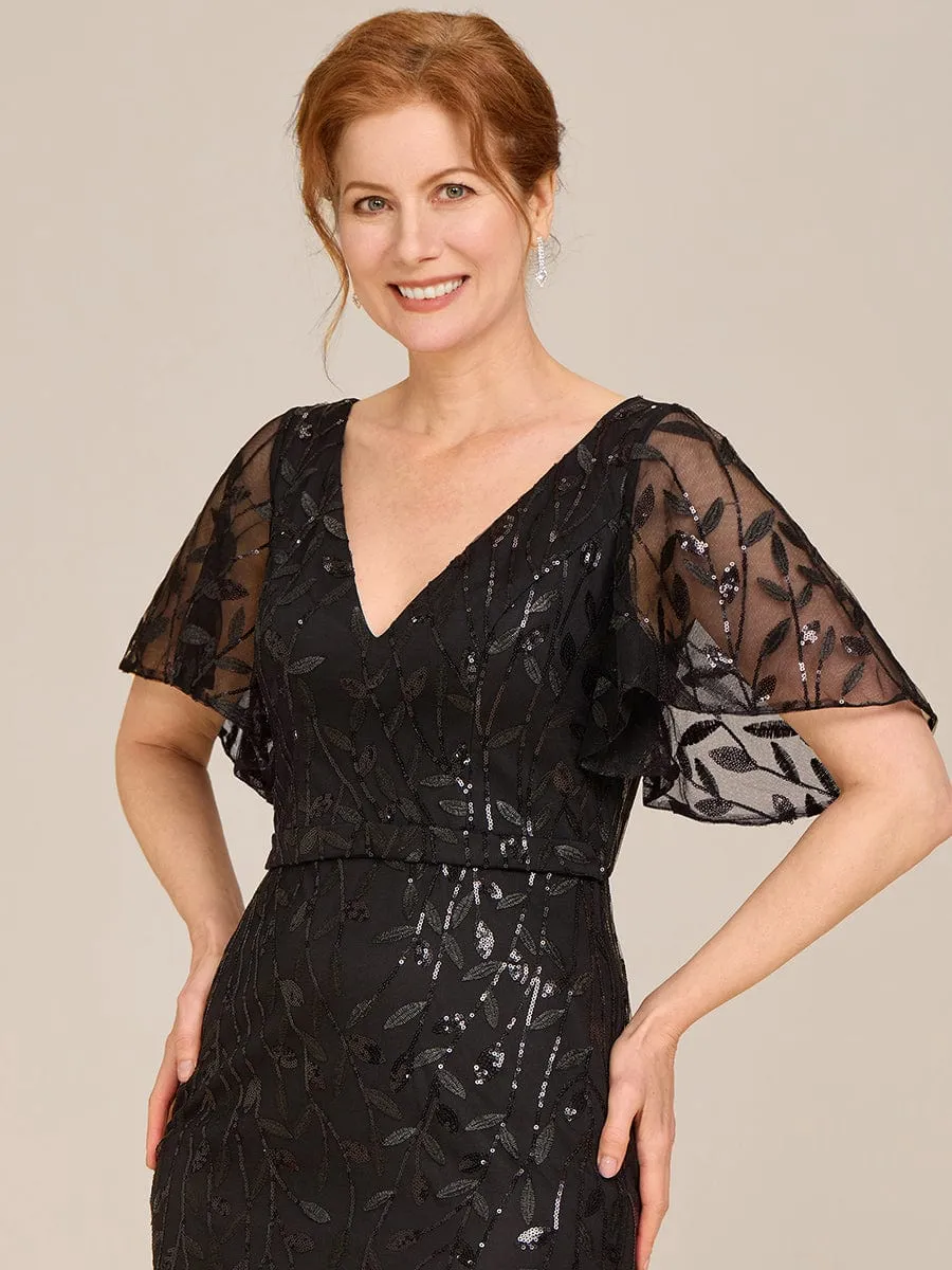Gorgeous V Neck Leaf-Sequined Fishtail Mother of the Bride Dress