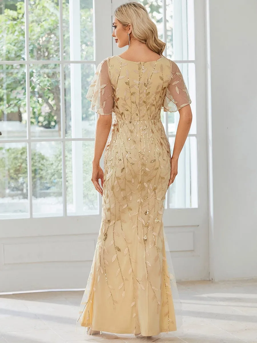 Gorgeous V Neck Leaf-Sequined Fishtail Mother of the Bride Dress