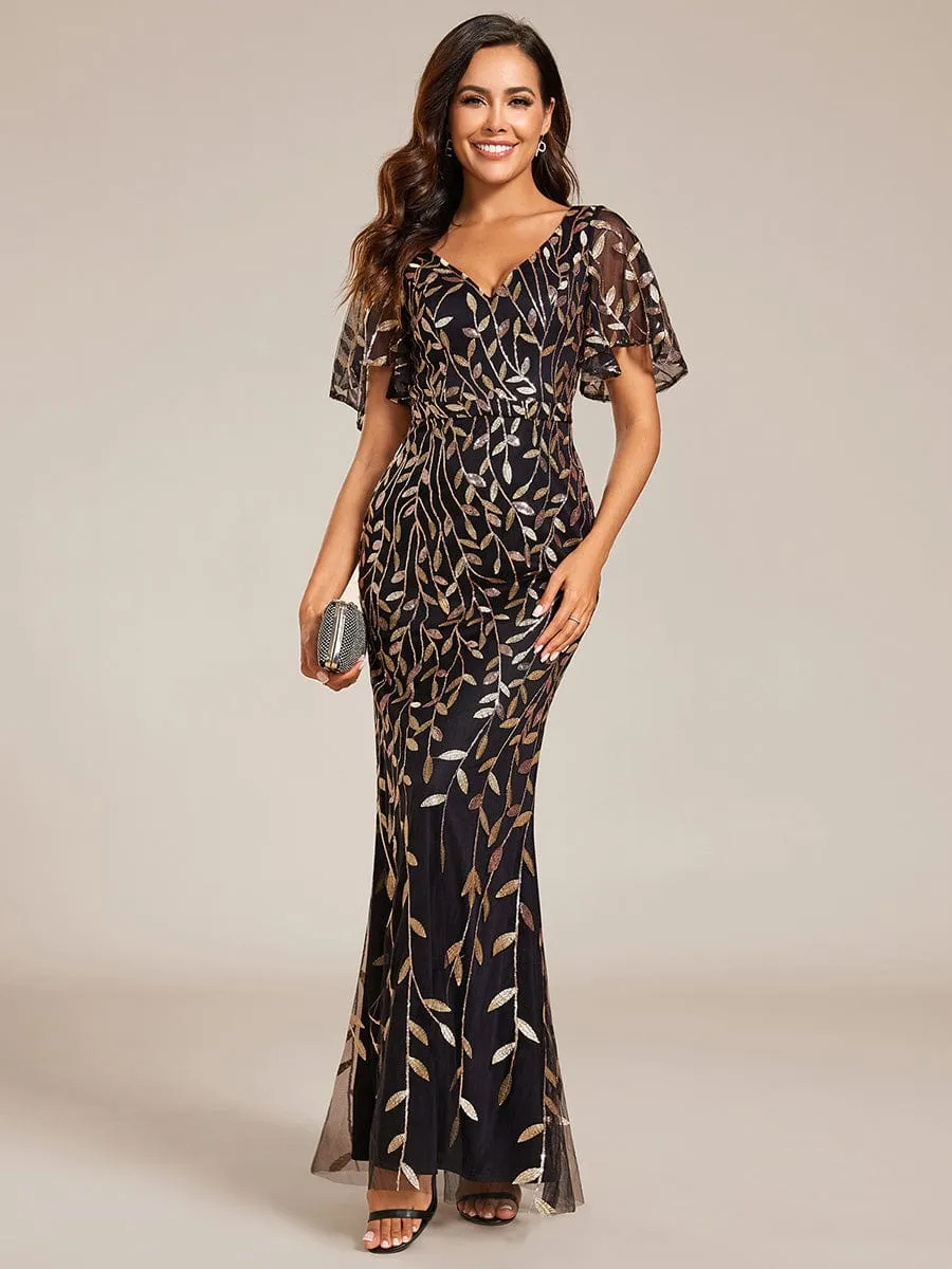 Gorgeous V Neck Leaf-Sequined Fishtail Mother of the Bride Dress