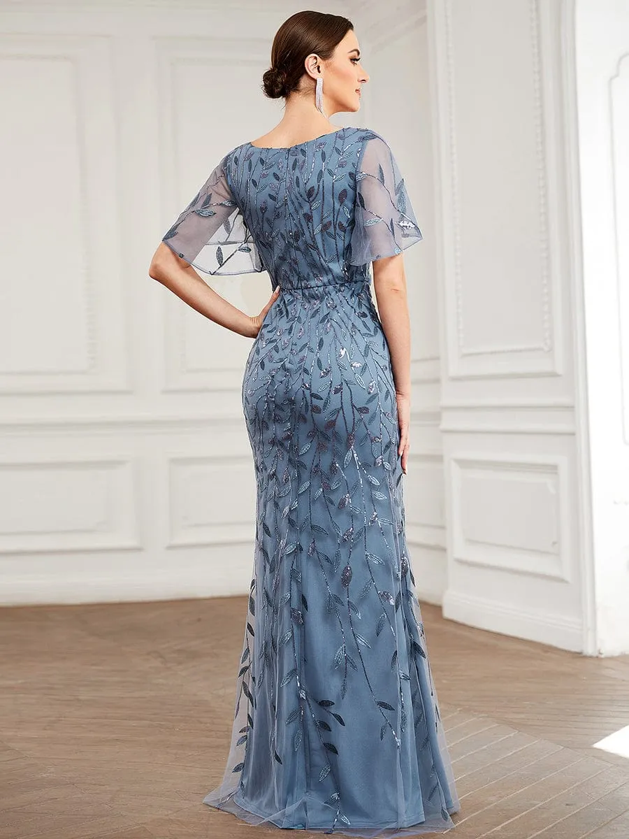Gorgeous V Neck Leaf-Sequined Fishtail Mother of the Bride Dress