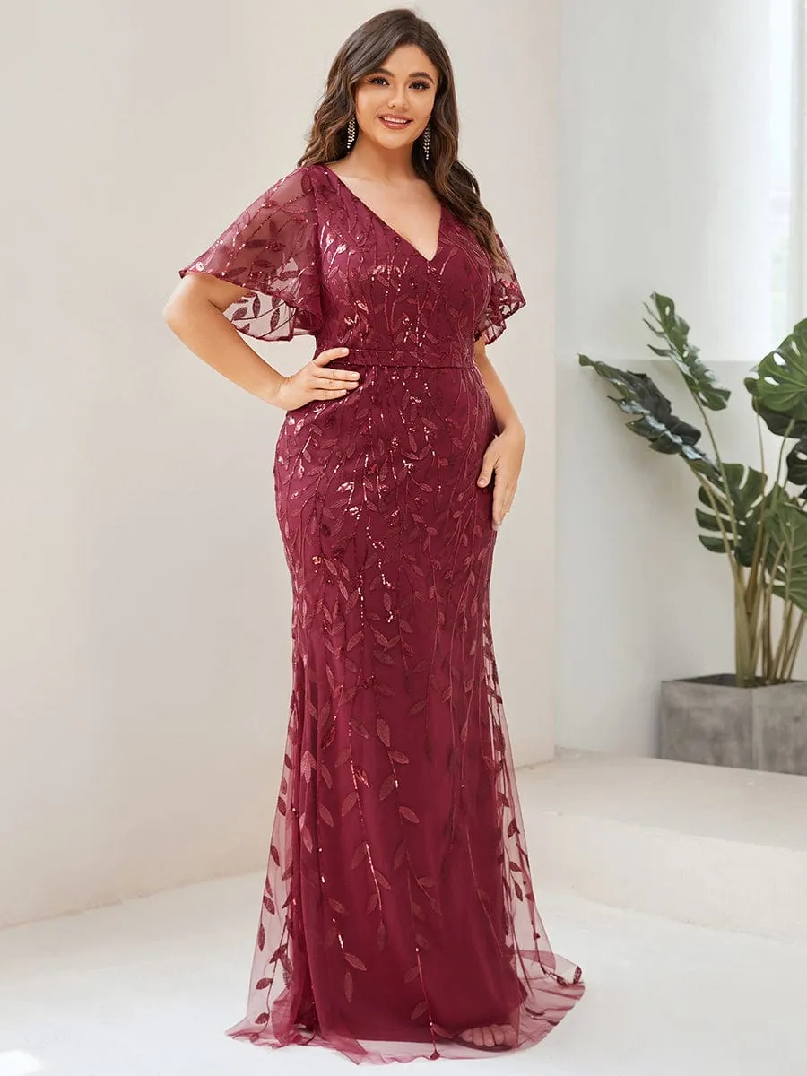 Gorgeous V Neck Leaf-Sequined Fishtail Mother of the Bride Dress