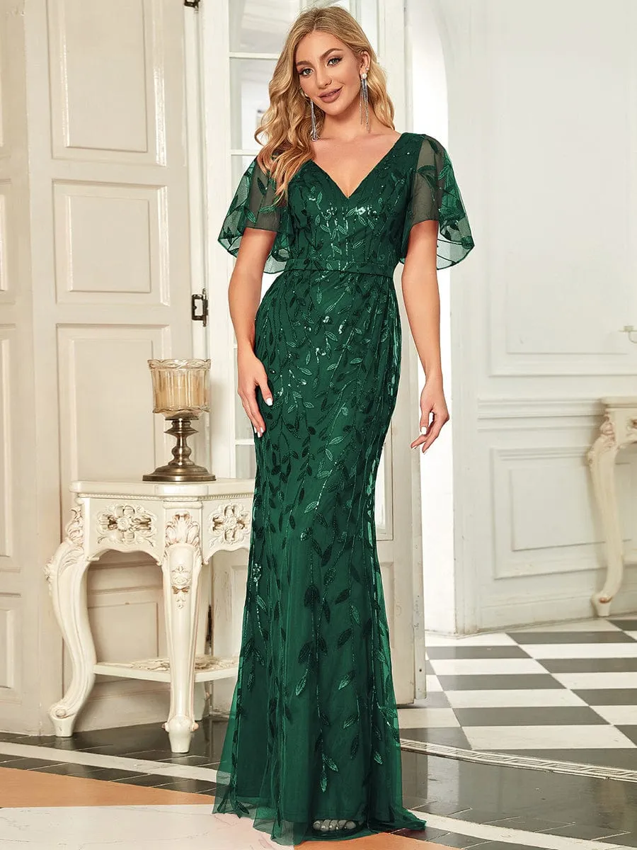 Gorgeous V Neck Leaf-Sequined Fishtail Mother of the Bride Dress