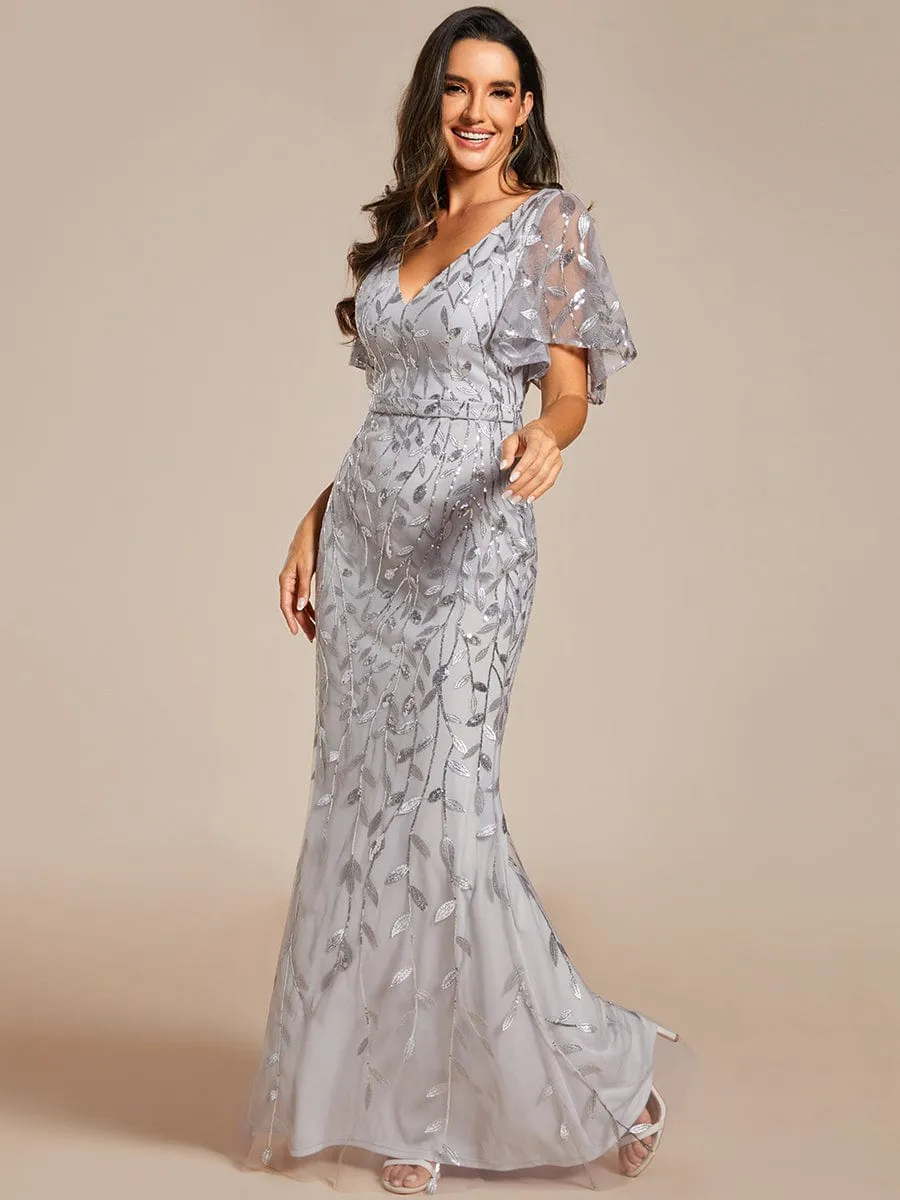 Gorgeous V Neck Leaf-Sequined Fishtail Mother of the Bride Dress